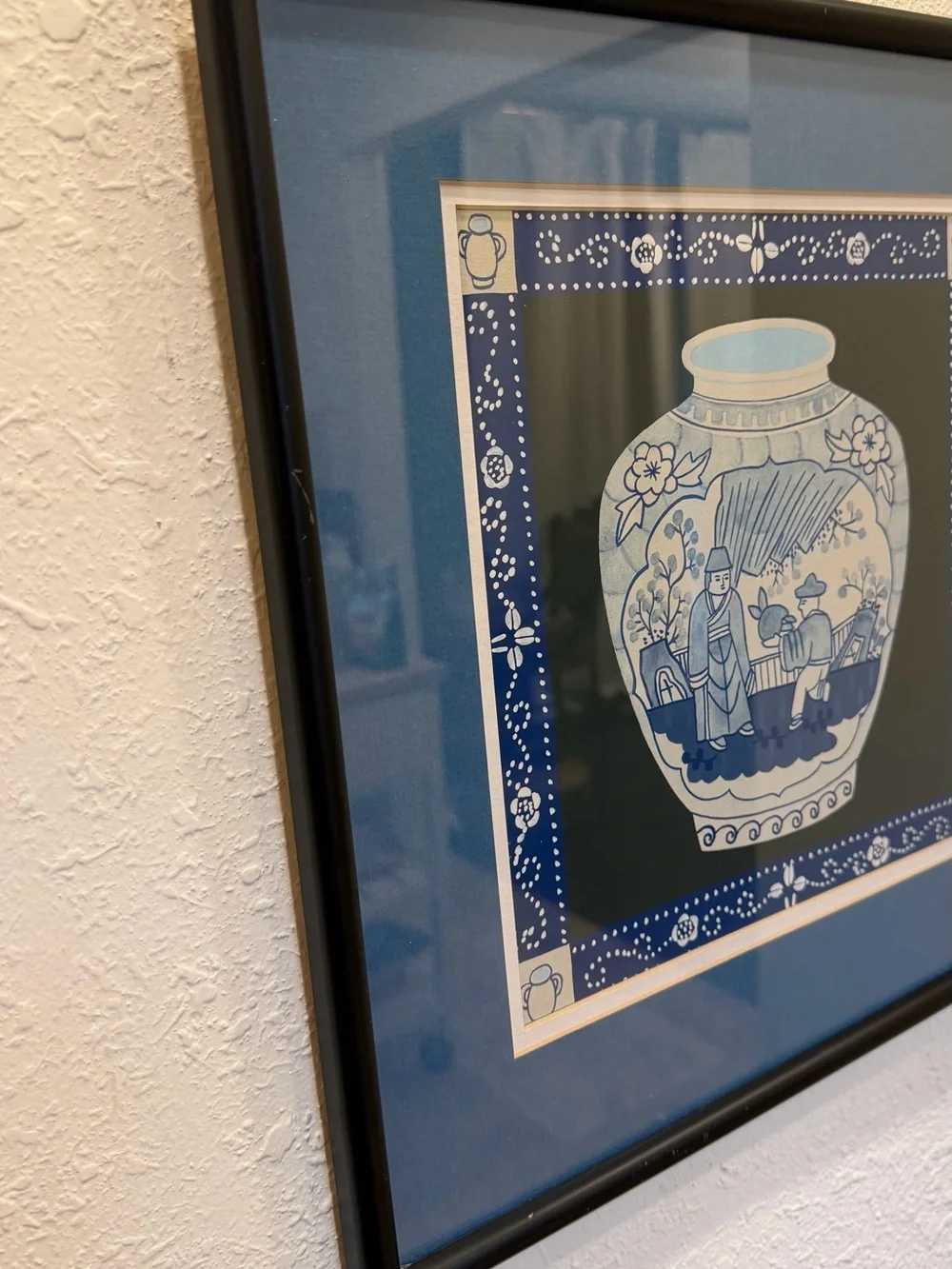 Framed Blue & White Chinoiserie Ginger Jar Art 15”